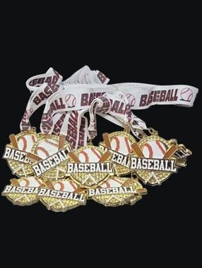 NEW - Set Of 10 - Gold Baseball-Themed Award Medals With Lanyards -Crown Awards